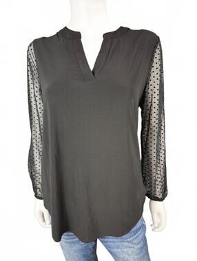NWTs Kasper Black V-Neck Top with Sheer Polka Dot Sleeves - Size M